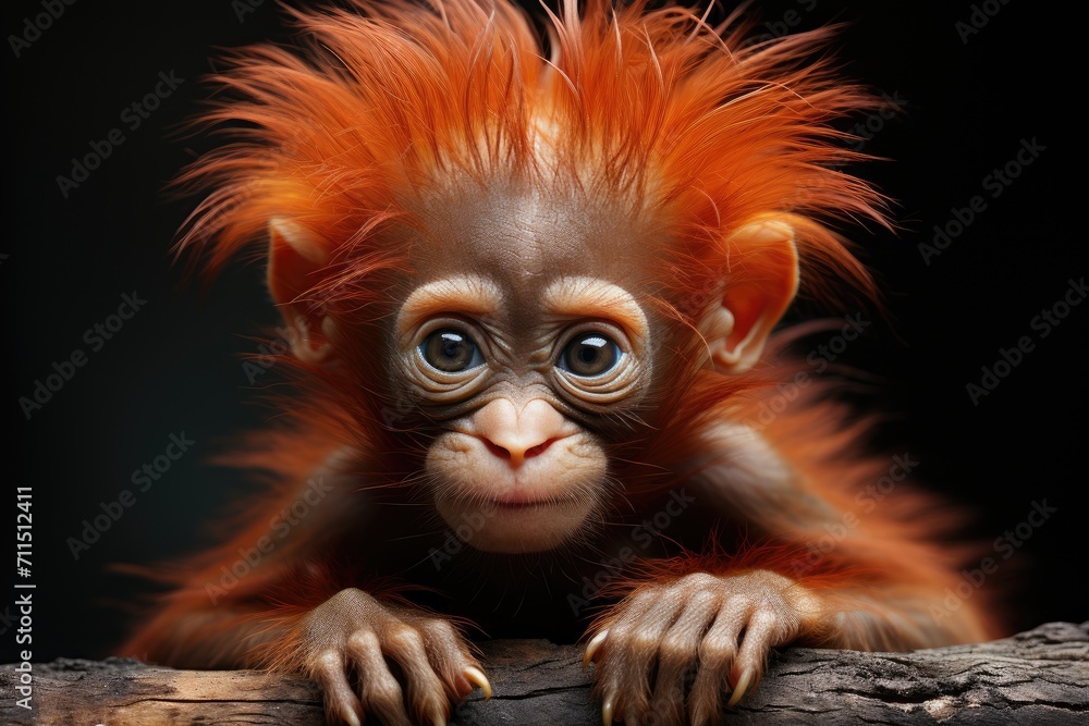 A precious primate, with fiery fur and a curious gaze, embodies the wild spirit of an orangutan