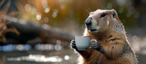 A cute groundhog drinking tea from a cup and preparing to winter hibernation on blurred nature background in a forest. Groundhog Day, February 2nd