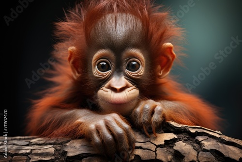 A tiny simian with a majestic brown visage, this baby monkey embodies the wild beauty of the orangutan, a captivating creature of the primate world