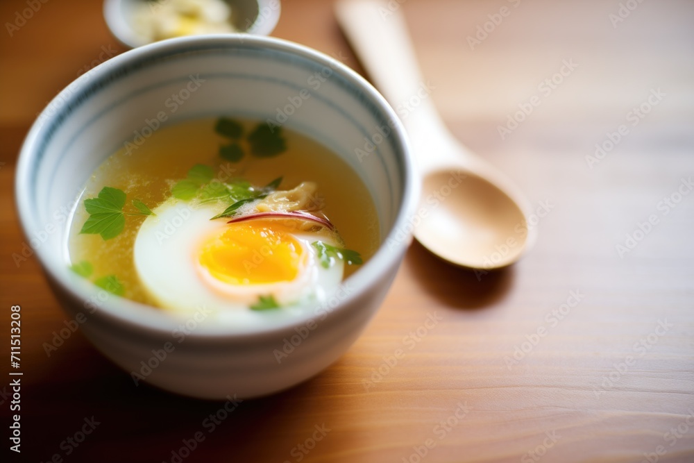 miso soup with a soft-boiled egg, yolk visible miso soup with a soft-boiled egg, yolk visible
