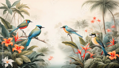 Beautiful light tropical wallpaper with leaves flowers and birds.
