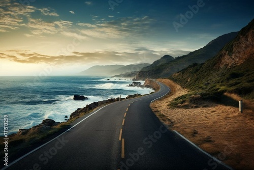 Endless road leading to sea. Generative AI photo