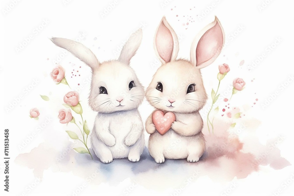Illustration of two adorable rabbits expressing love, perfect for Valentine's Day or wedding cards. Generative AI