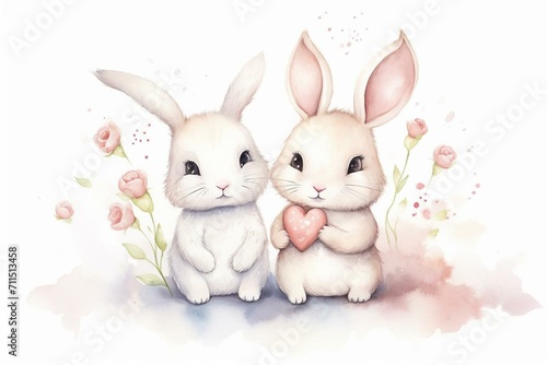 Illustration of two adorable rabbits expressing love  perfect for Valentine s Day or wedding cards. Generative AI