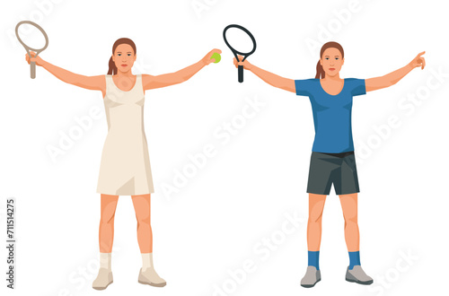 Two girl figures of the winning women's tennis player in white and blue uniform standing straight with her hands raised with a racket and a ball © ivnas