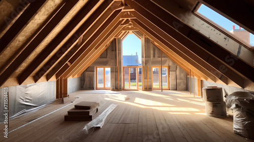 The construction of the attic of the house. roof frame made of wooden beams, repair.