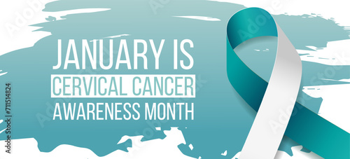 Cervical cancer awareness month banner with teal and white ribbon awareness and text. Vector illustration.