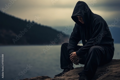 Man in black hooded hat sitting on a rock