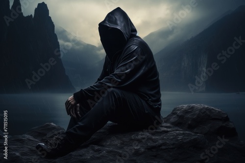 Man in black hooded hat sitting on a rock photo