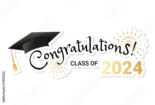 Congratulations graduates class of 2024 typography design. Graduation ceremony design template for greeting card, banner, badge, invitation, print etc. Black and gold minimalist grad ceremony design