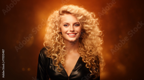 Ritratto di una bellissima ragazza con capelli biondi e ricci in uno studio fotografico con un vestito elegante