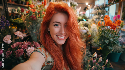 Uma linda mulher jovem ruiva em uma floricultura no estilo selfie