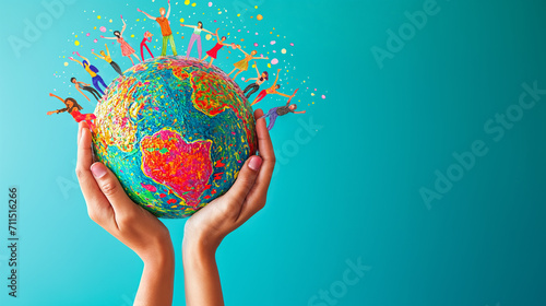 Hands holding a globe with different dance styles illustrated on it, symbolizing world unity through dance #711516266