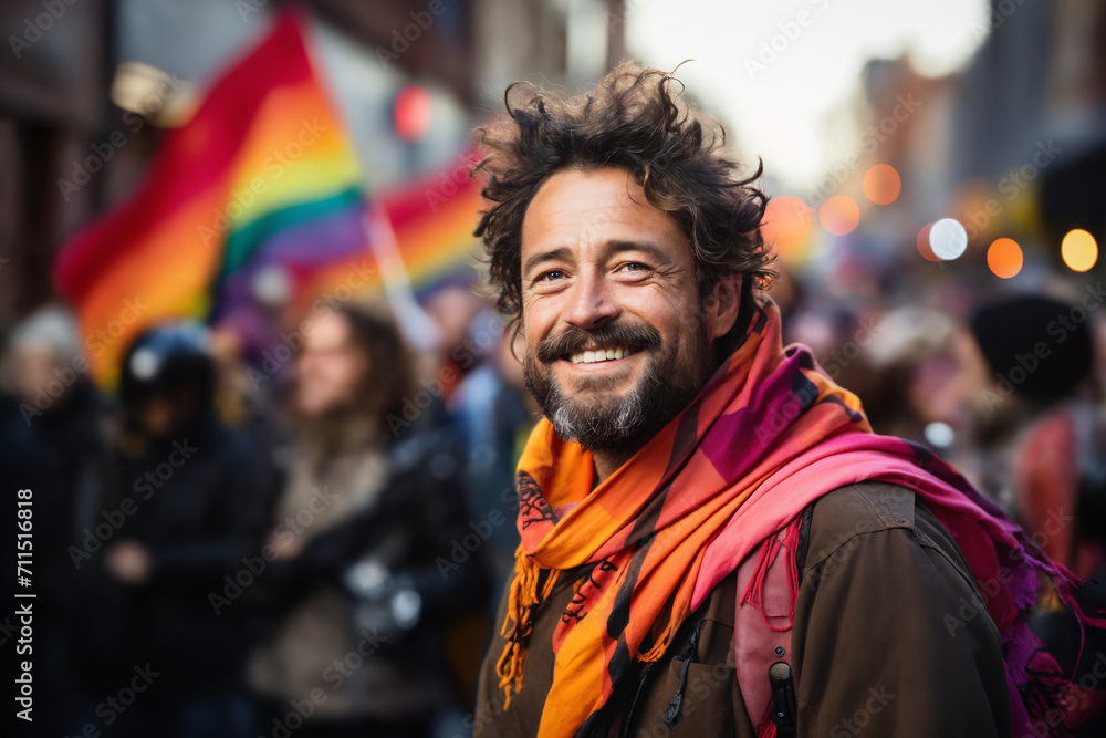 portrait of a man at a gay pride parade, happy and joyful emotions with friends, LGBT concept portrait of a man at a gay pride parade, happy and joyful emotions with friends, LGBT concept