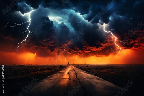 dark dramatic stormy sky with lightning and cumulus clouds over old road for abstract background