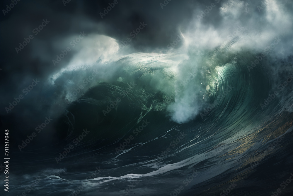 Fototapeta premium sea storm, dark dramatic stormy sky with cumulus clouds over waves for abstract background