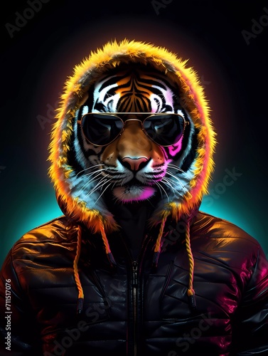 Tiger DJ wears sunglasses and hoodie, with colorful neon lights. generative ai