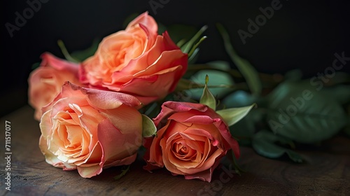 (Romantic allure) Roses carefully arranged on a polished wooden table