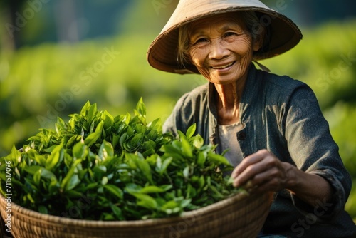 Photo of a farmer picking tea leaves photo
