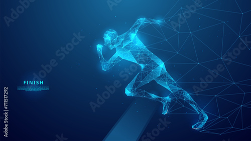 Illustration of a high speed runner crossing the finish line in blue low poly vector style. Background concept of achievement, speed and success © AhmadTriwahyuutomo