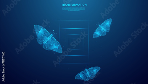 Digital transformation concept, illustration of butterfly and glowing door lines. Technology evolution for the next generation. blue low poly style vector background design.