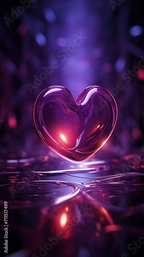 Abstract 3d glossy heart wallpaper in dark violet background, Valentine’s day concept. Generated AI