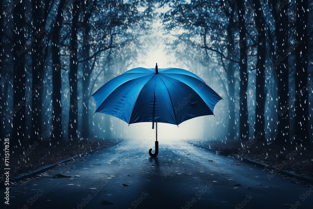 Blue umbrella in the heavy rain with nature background - rainy weather concept for stock photo