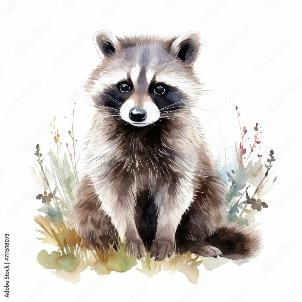 Obraz premium Watercolor drawing of a raccoon in the grass on a white background. Wild animal illustration. Printable print.