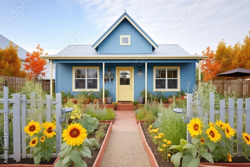 bluepainted cottage with a sunflower garden © studioworkstock