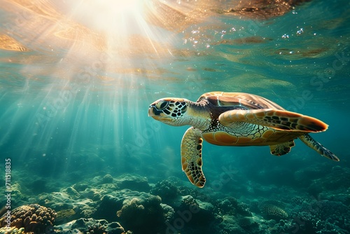 A majestic sea turtle navigates through crystal-clear ocean water above a vibrant coral reef, basking in beams of sunlight.