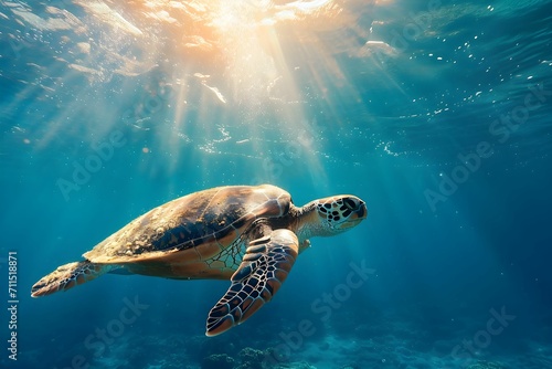A majestic sea turtle navigates through crystal-clear ocean water above a vibrant coral reef, basking in beams of sunlight. © TEERAWAT