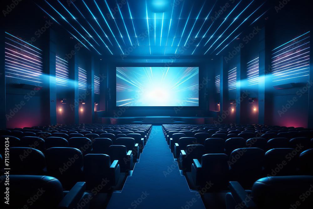 A modern multiplex cinema featuring state-of-the-art digital screens and a contemporary design - serving as a futuristic entertainment hub.