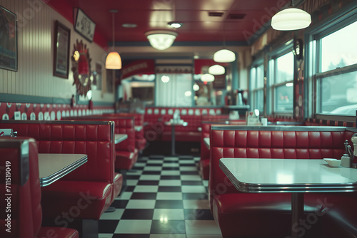 A retro 50s-style diner featuring a mini cinema, embracing Americana vibes with nostalgia and classic films for throwback entertainment. © Davivd