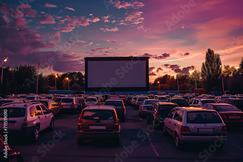 An outdoor drive-in movie theater at dusk offers a nostalgic film experience, with a large screen set against a backdrop of stars.