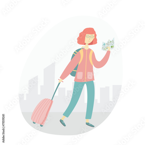 Travel vector concept with a traveling girl with travel back and map walking in a city. Cartoon Vector Illustration