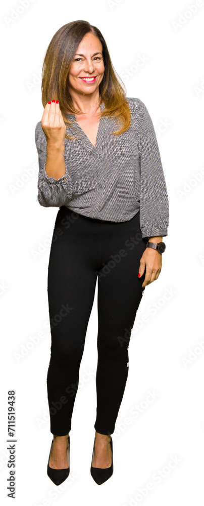 Beautiful middle age business woman Doing Italian gesture with hand and fingers confident expression Beautiful middle age business woman Doing Italian gesture with hand and fingers confident expression