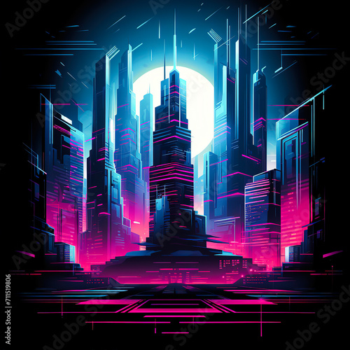 Futuristic 3d graphic of a cyberpunk cityspace photo