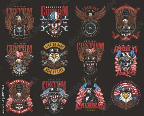 USA bikers colorful set stickers