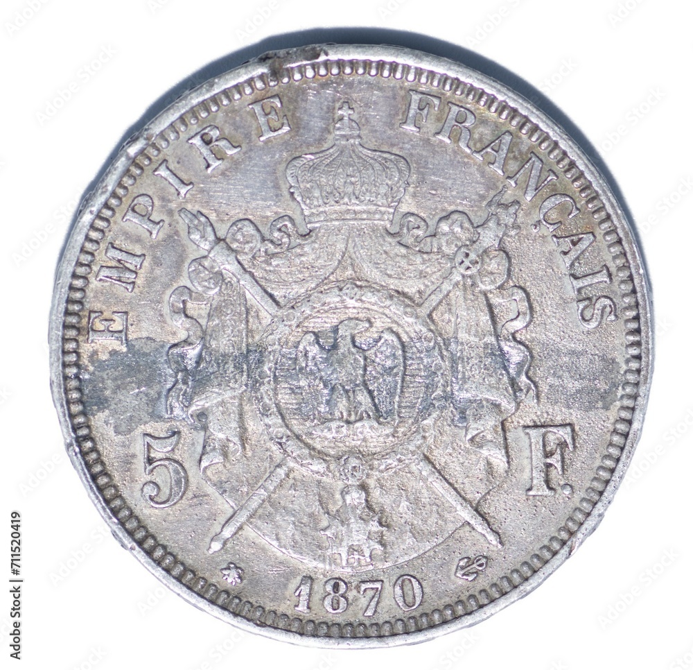 1870 A FRANCE Francais Empereur emperor NAPOLEON III Barre Antique old vintage Silver 5 Franc French Coin reverse back side isolated on white background 1870 A FRANCE Francais Empereur emperor NAPOLEON III Barre Antique old vintage Silver 5 Franc French Coin reverse back side isolated on white background