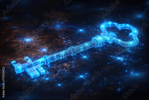 A glowing key on a dark surface with blue lights.