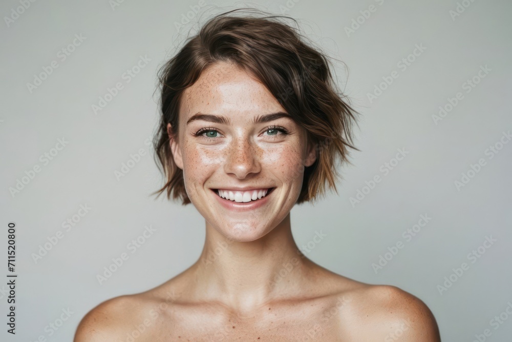Young beautiful freckles woman with short hair, healthy skin and teeth on a plain background. Close up portrait. Generative AI Young beautiful freckles woman with short hair, healthy skin and teeth on a plain background. Close up portrait. Generative AI