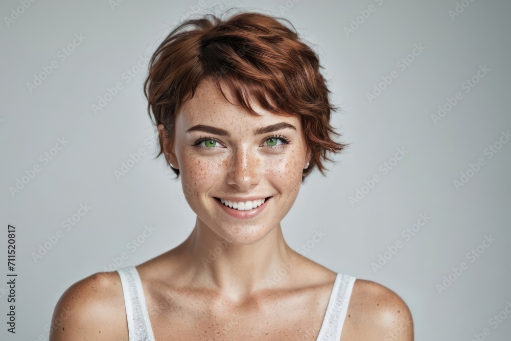 Young beautiful freckles woman with short hair, healthy skin and teeth on a plain background. Close up portrait. Generative AI Young beautiful freckles woman with short hair, healthy skin and teeth on a plain background. Close up portrait. Generative AI