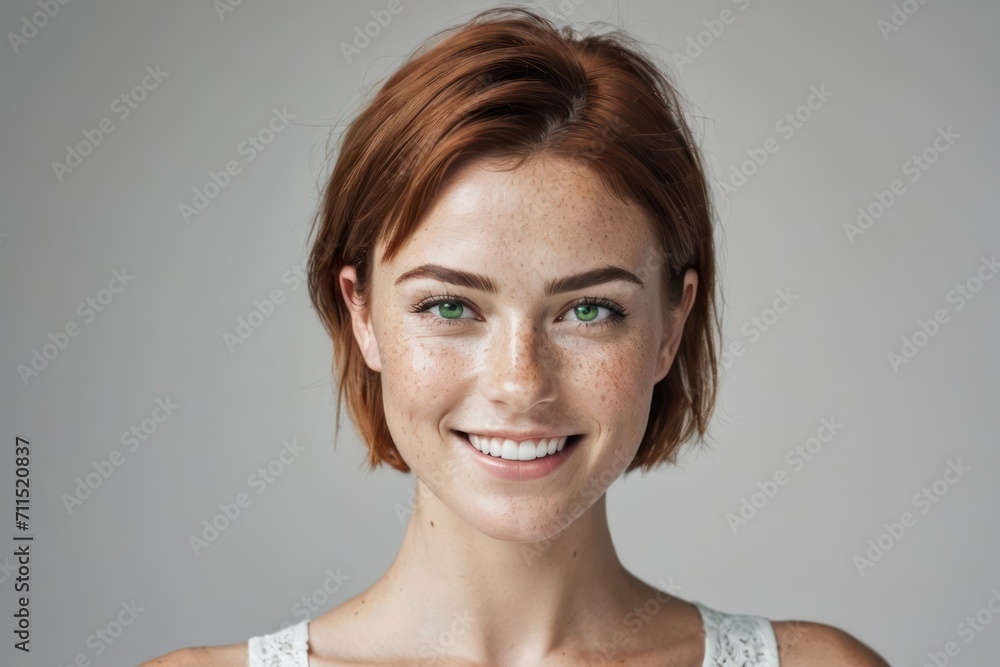 Young beautiful freckles woman with short hair, healthy skin and teeth on a plain background. Close up portrait. Generative AI Young beautiful freckles woman with short hair, healthy skin and teeth on a plain background. Close up portrait. Generative AI