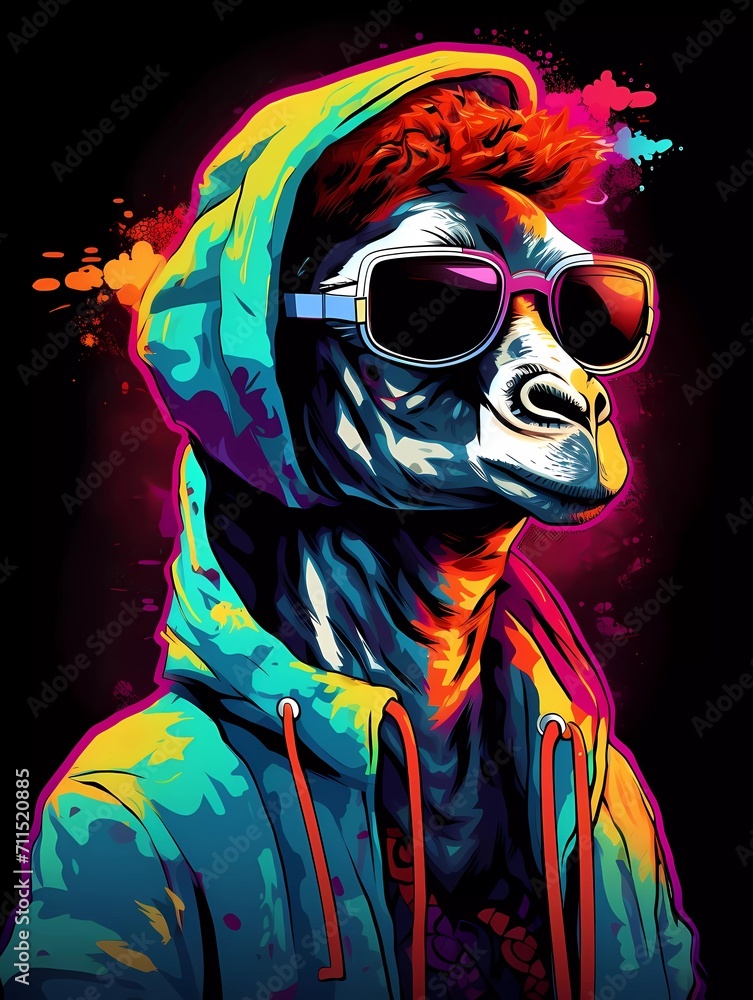 Giraffe DJ wearing sunglasses and hoodie, with colorful neon lights. generative ai