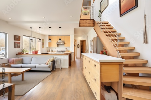 openspace saltbox home interior with floating staircase photo