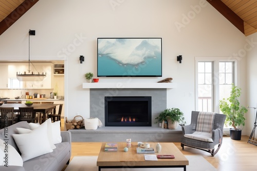 smart home tech in a saltbox living room with large screen