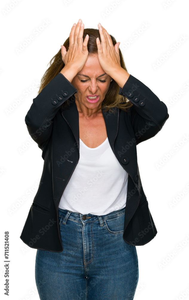 Beautiful middle age business adult woman over isolated background suffering from headache desperate and stressed because pain and migraine. Hands on head. Beautiful middle age business adult woman over isolated background suffering from headache desperate and stressed because pain and migraine. Hands on head.