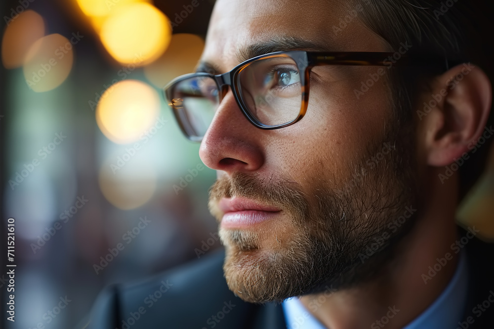 Aspirations, close-up face of a young stylish smart businessman looking away. Headshot side view of a pensive business man indoors Aspirations, close-up face of a young stylish smart businessman looking away. Headshot side view of a pensive business man indoors