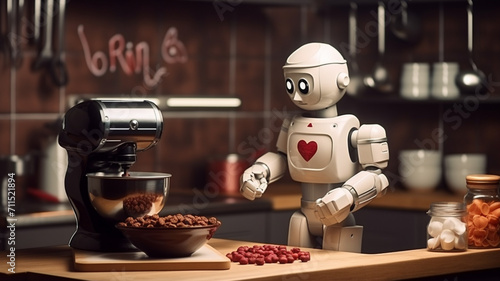 Robot in the kitchen with a bowl of granola and coffee maker generativa IA