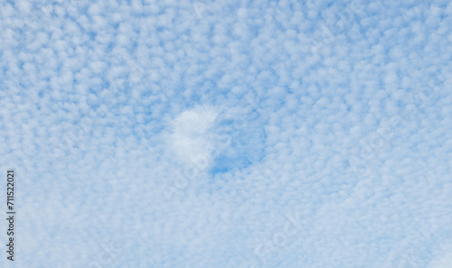 mackerel sky clouds made up of rows of cirrocumulus or altocumulus clouds displaying an undulating, rippling pattern similar in appearance to fish scales tree line with fallstreak hole made by a plane photo